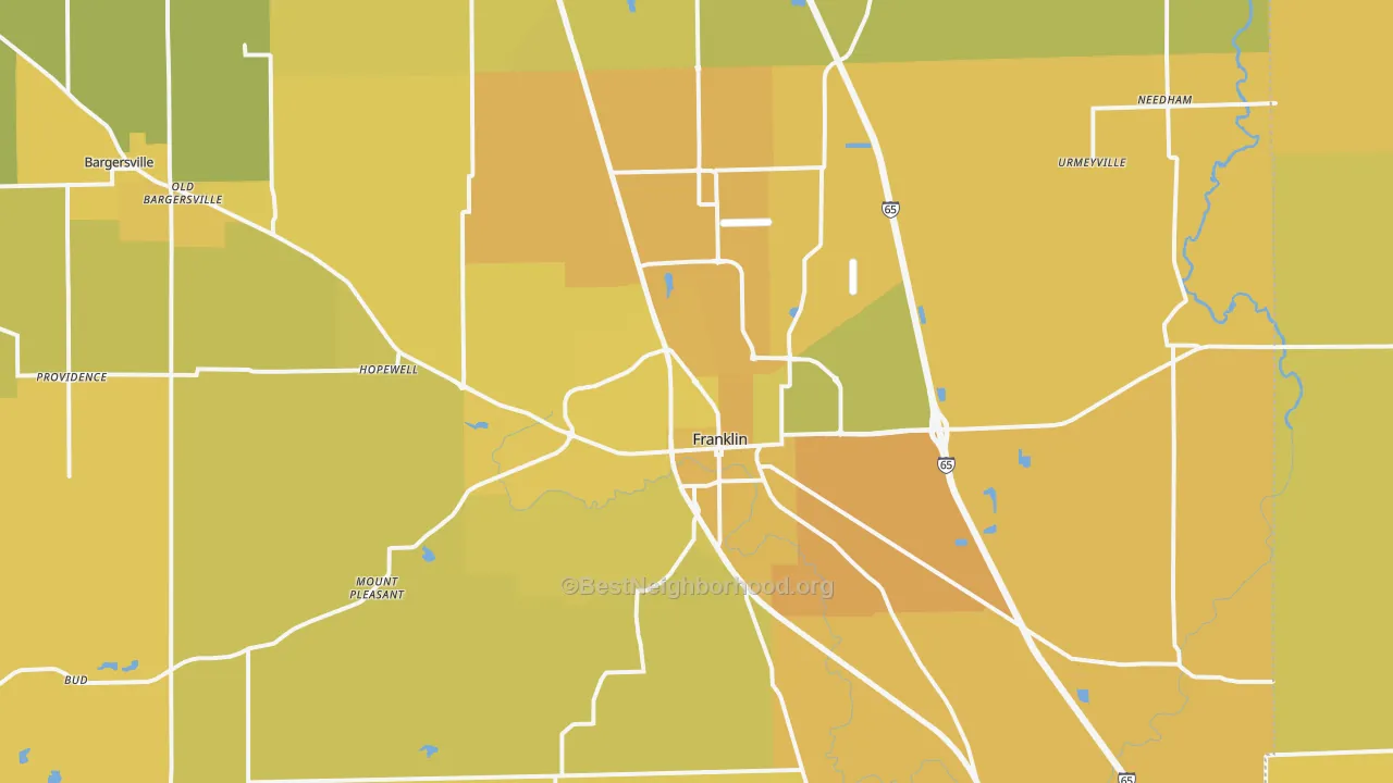 Map of the best neighborhoods in the 46131 area, with better matches in green and worse matches in red