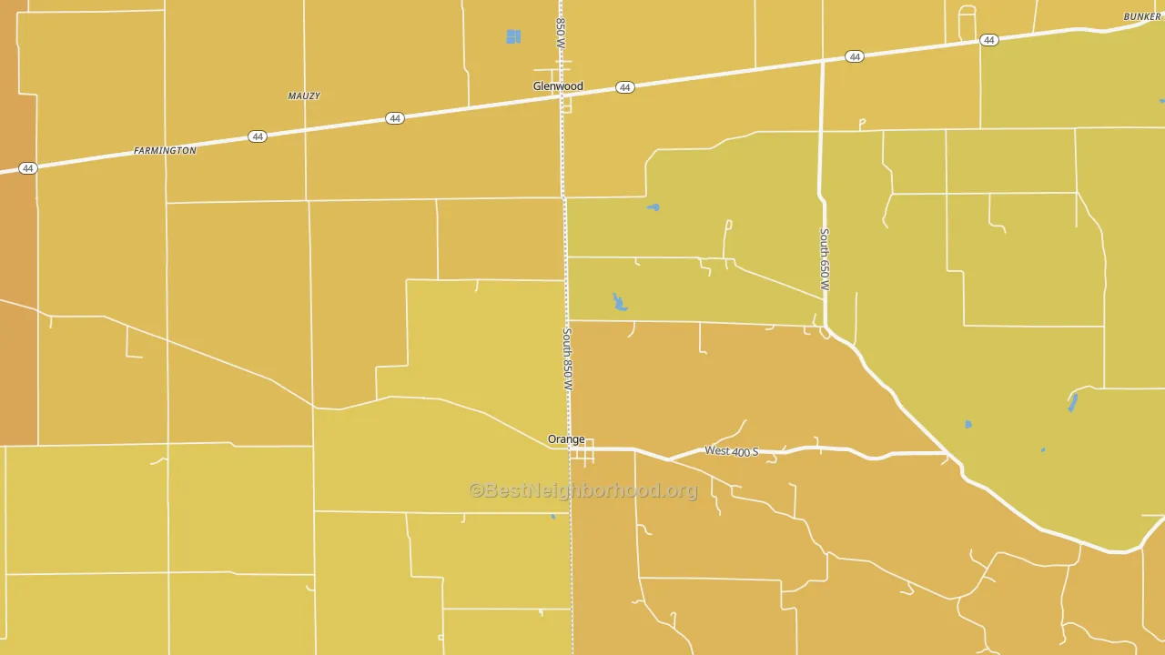 Map of the best neighborhoods in the 46133 area, with better matches in green and worse matches in red