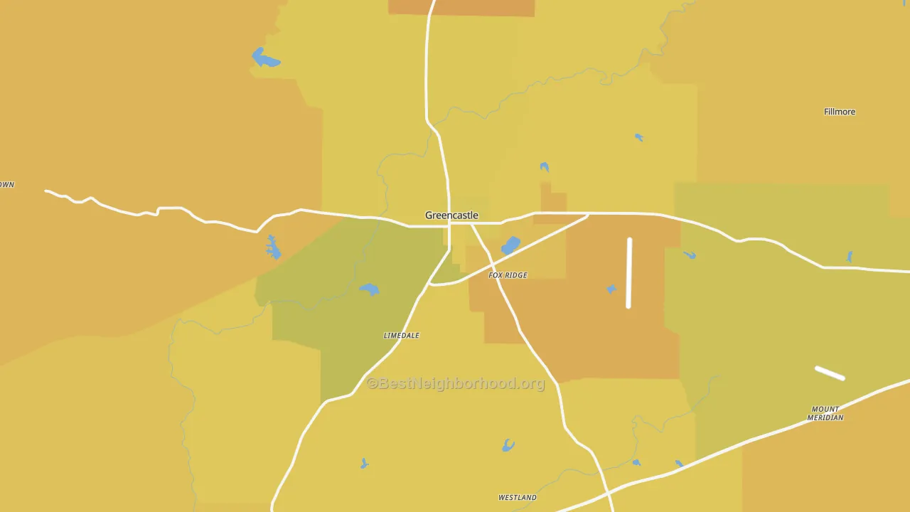 Map of the best neighborhoods in the 46135 area, with better matches in green and worse matches in red