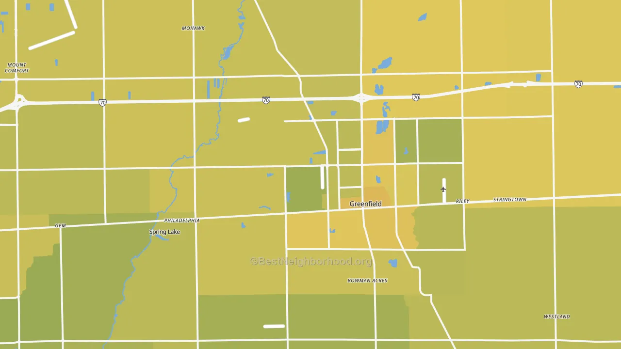 Map of the best neighborhoods in the 46140 area, with better matches in green and worse matches in red