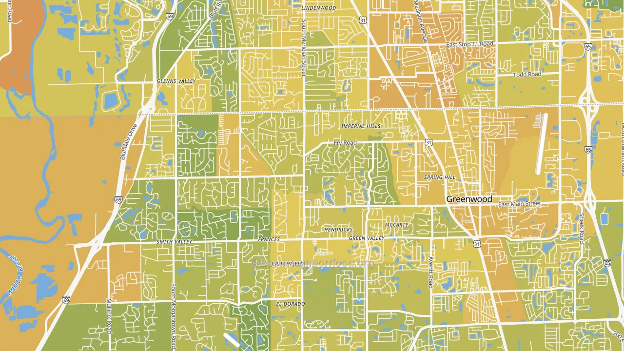 Map of the best neighborhoods in the 46142 area, with better matches in green and worse matches in red