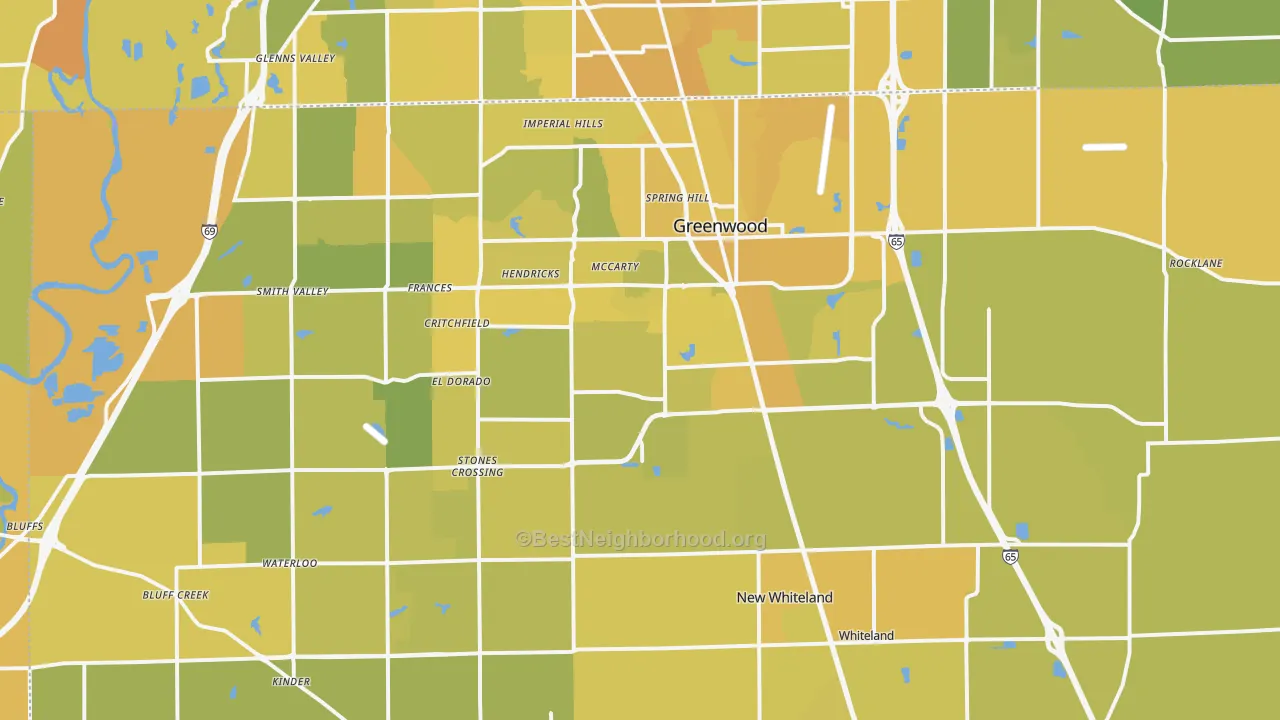 Map of the best neighborhoods in the 46143 area, with better matches in green and worse matches in red