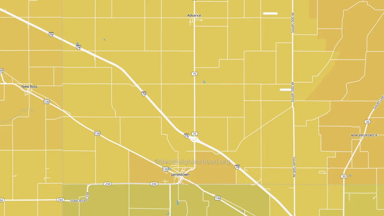 Map of the best neighborhoods in the 46147 area, with better matches in green and worse matches in red