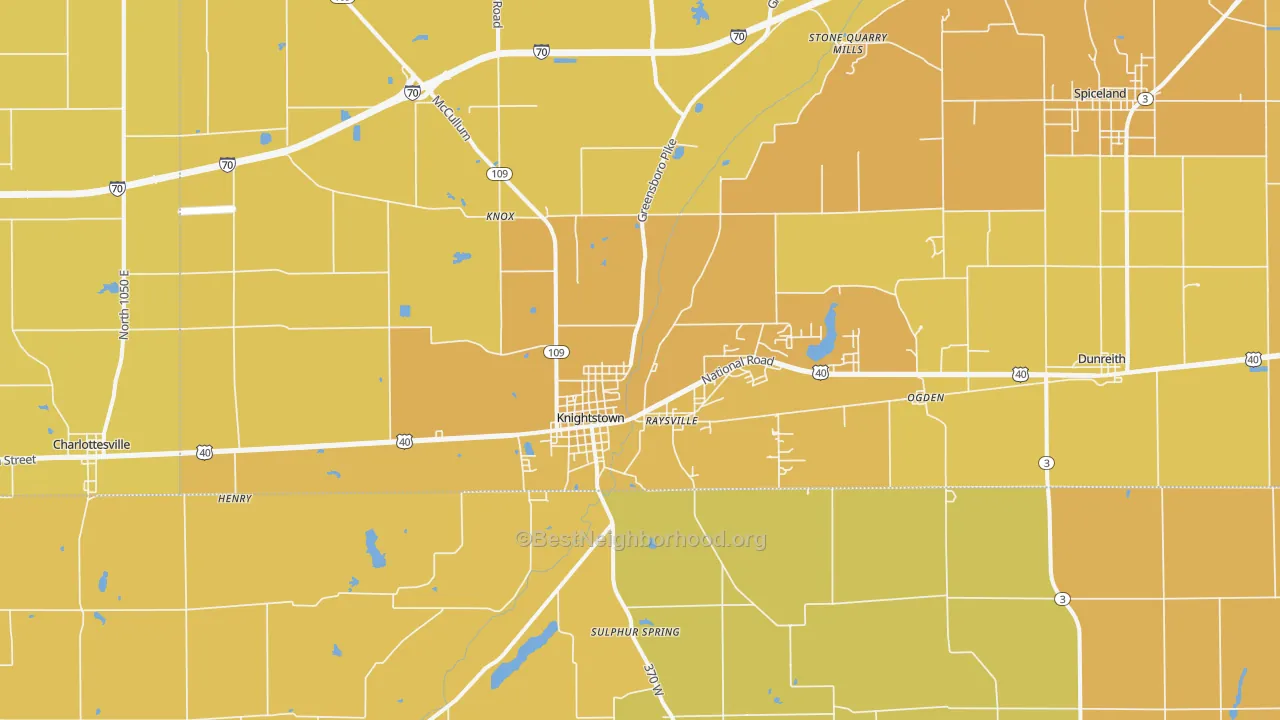 Map of the best neighborhoods in the 46148 area, with better matches in green and worse matches in red
