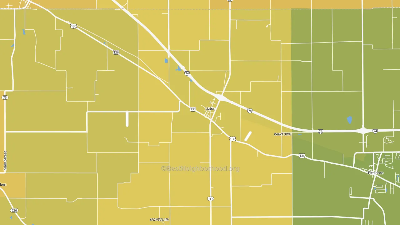 Map of the best neighborhoods in the 46149 area, with better matches in green and worse matches in red