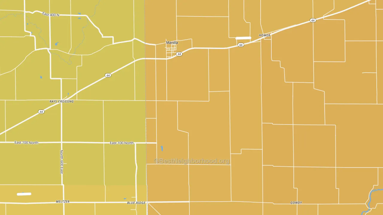 Map of the best neighborhoods in the 46150 area, with better matches in green and worse matches in red