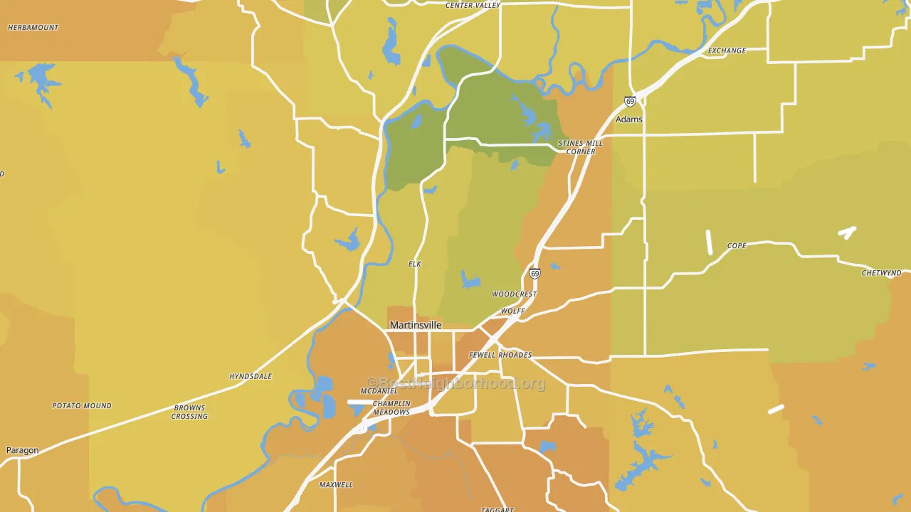 Map of the best neighborhoods in the 46151 area, with better matches in green and worse matches in red