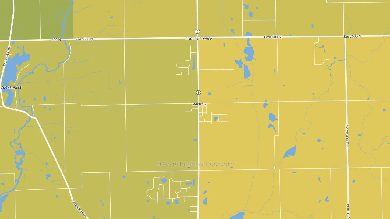 Map of the best neighborhoods in the 46154 area, with better matches in green and worse matches in red