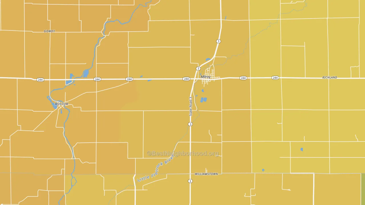 Map of the best neighborhoods in the 46156 area, with better matches in green and worse matches in red