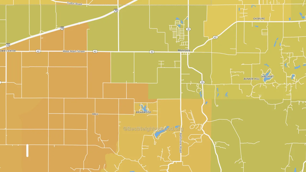 Map of the best neighborhoods in the 46157 area, with better matches in green and worse matches in red