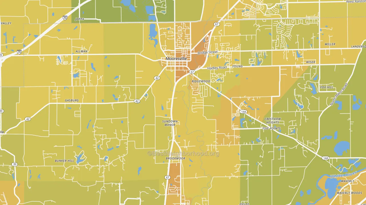 Map of the best neighborhoods in the 46158 area, with better matches in green and worse matches in red