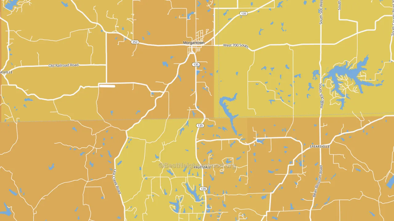 Map of the best neighborhoods in the 46160 area, with better matches in green and worse matches in red