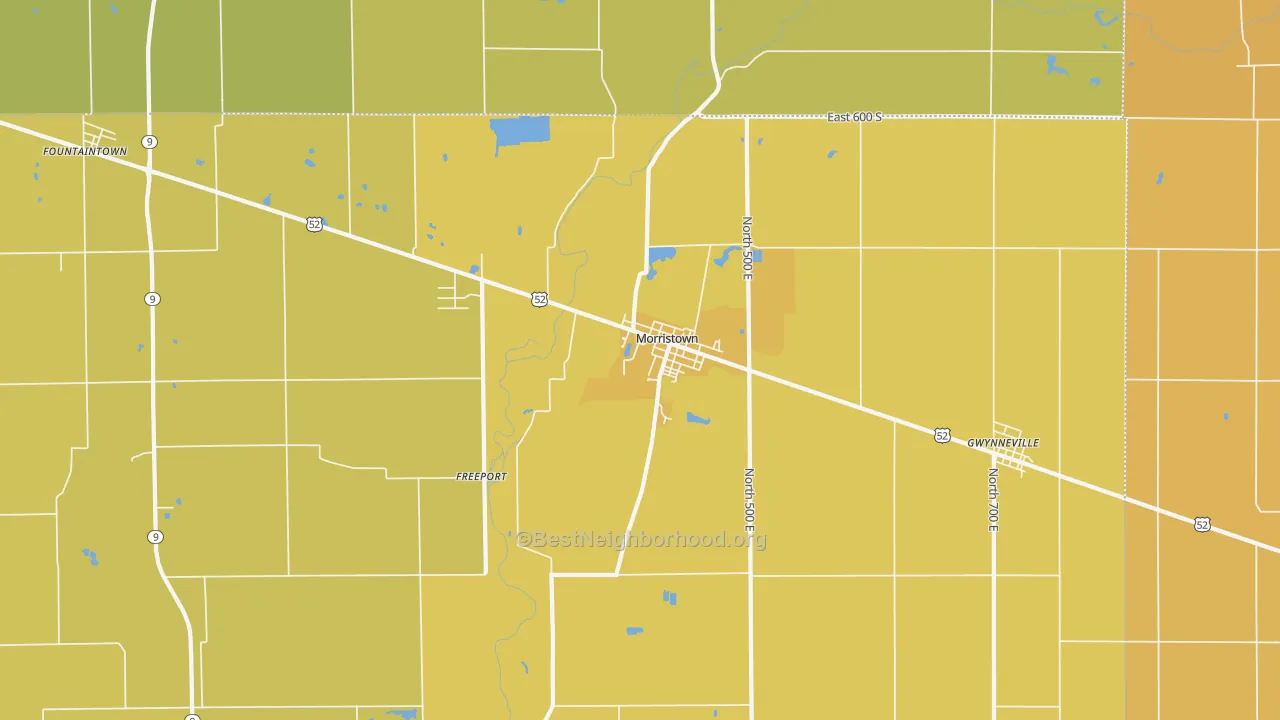 Map of the best neighborhoods in the 46161 area, with better matches in green and worse matches in red