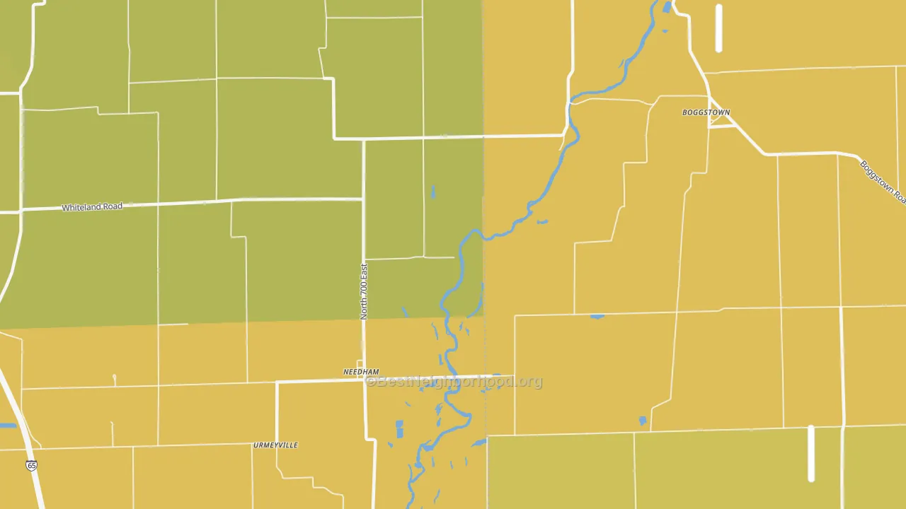 Map of the best neighborhoods in the 46162 area, with better matches in green and worse matches in red
