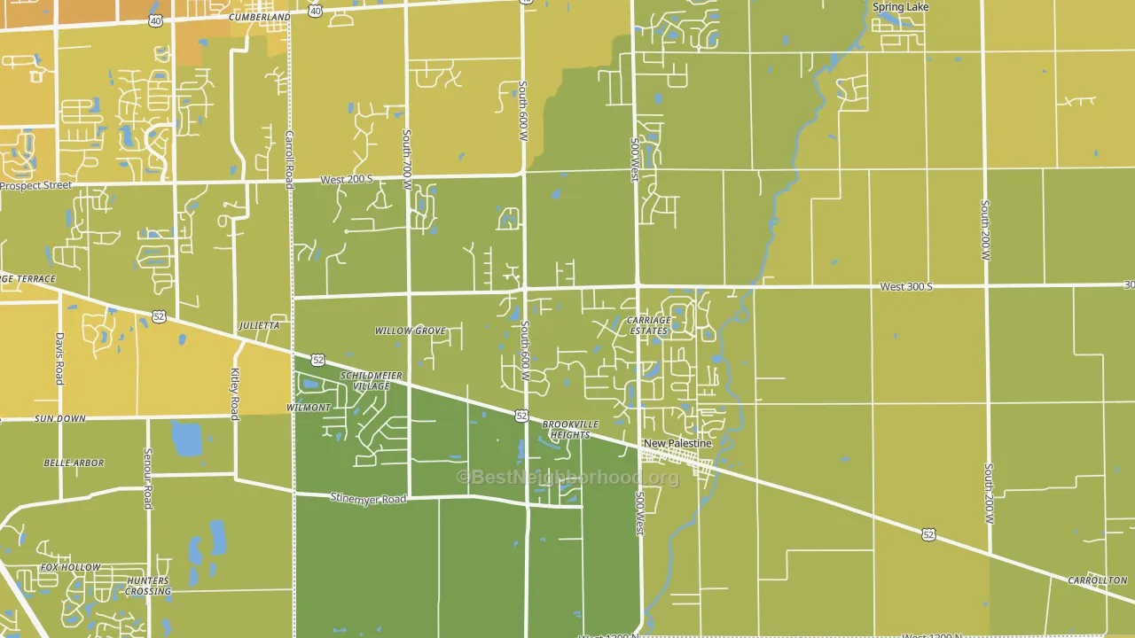 Map of the best neighborhoods in the 46163 area, with better matches in green and worse matches in red