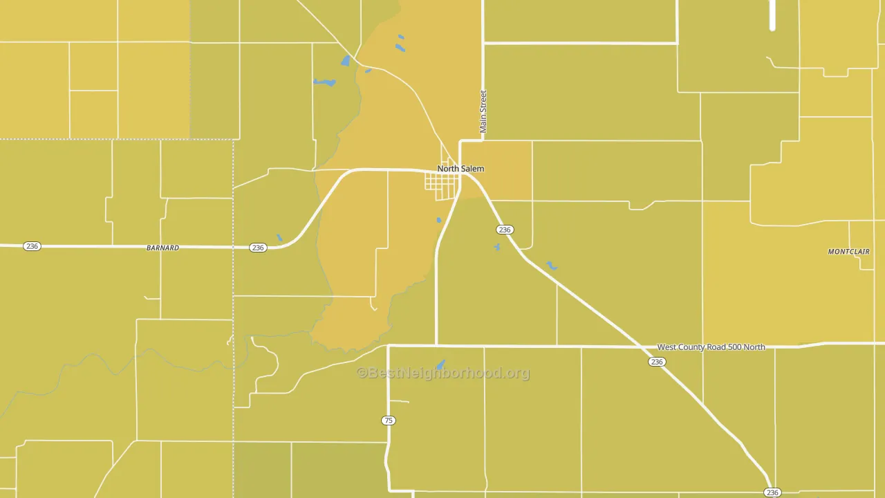 Map of the best neighborhoods in the 46165 area, with better matches in green and worse matches in red
