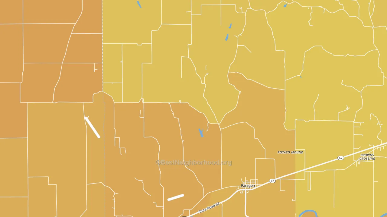 Map of the best neighborhoods in the 46166 area, with better matches in green and worse matches in red
