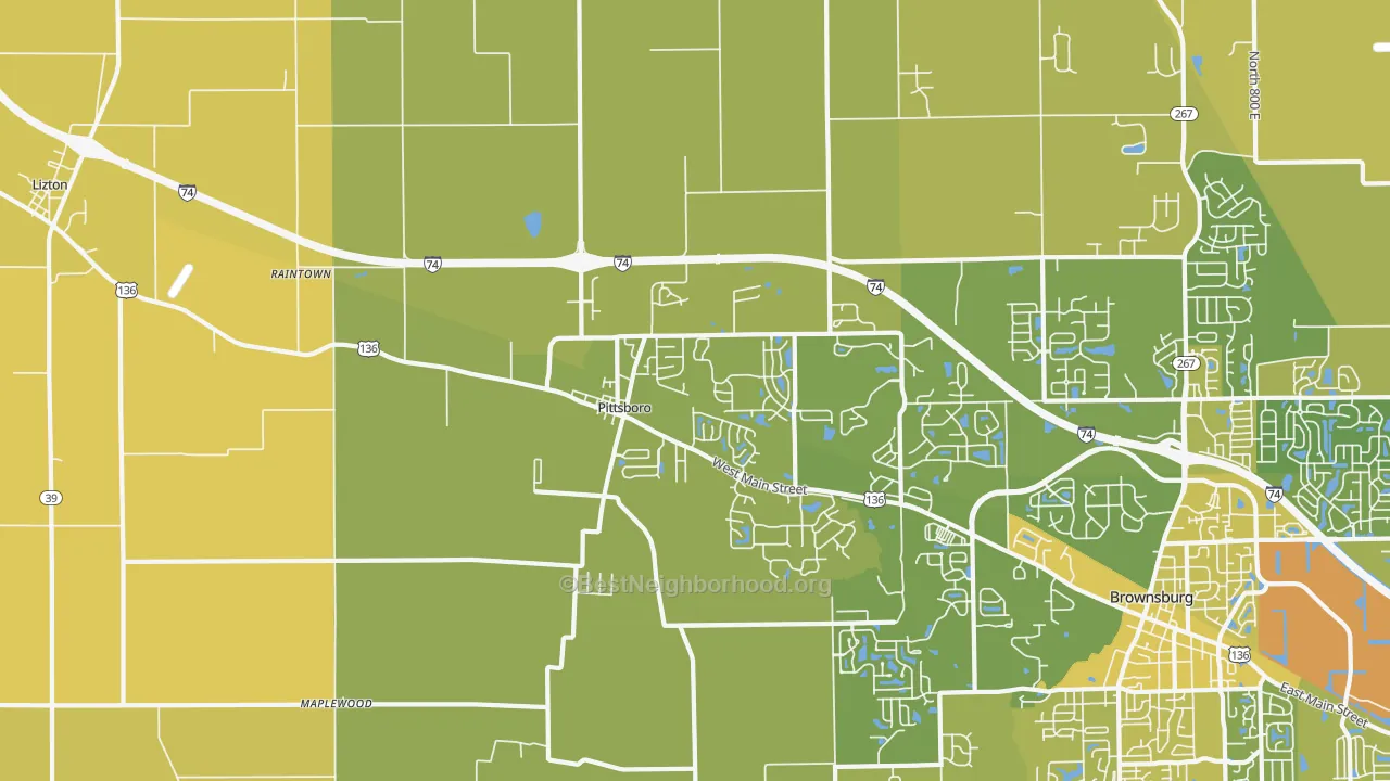 Map of the best neighborhoods in the 46167 area, with better matches in green and worse matches in red