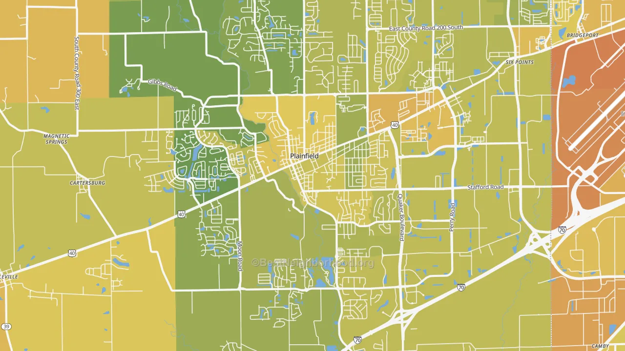 Map of the best neighborhoods in the 46168 area, with better matches in green and worse matches in red