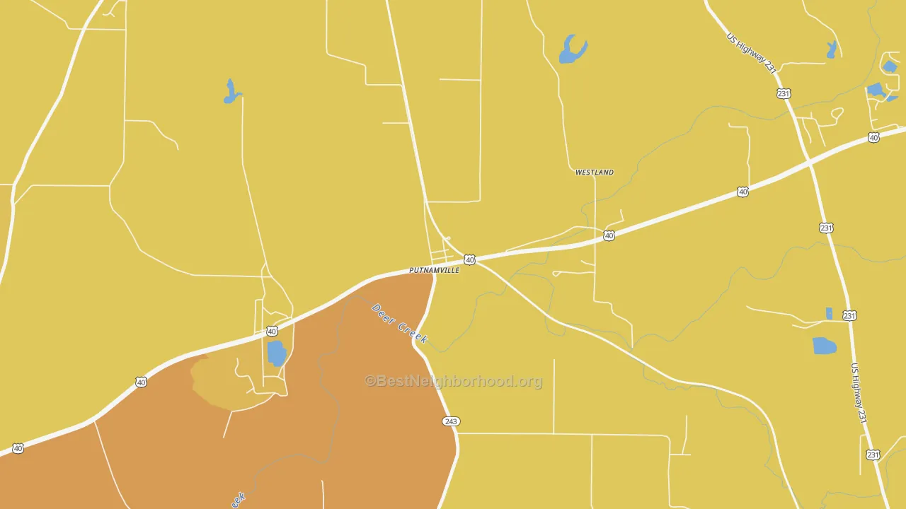 Map of the best neighborhoods in the 46170 area, with better matches in green and worse matches in red