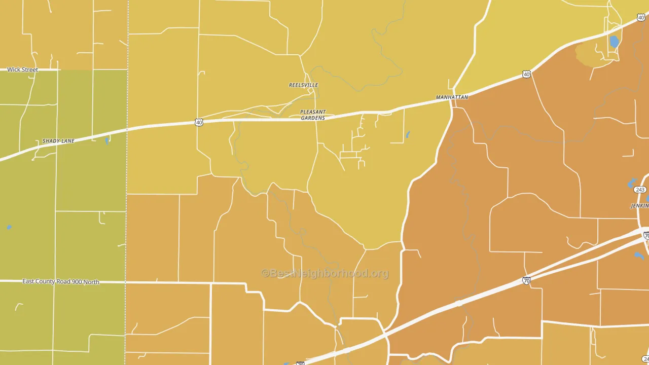 Map of the best neighborhoods in the 46171 area, with better matches in green and worse matches in red