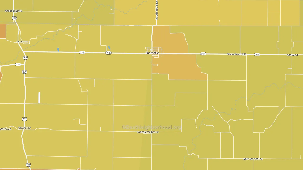Map of the best neighborhoods in the 46172 area, with better matches in green and worse matches in red