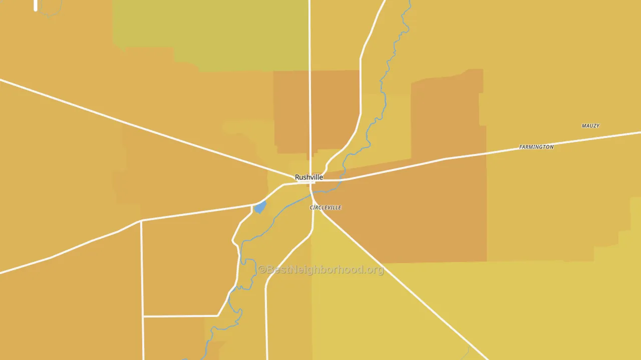 Map of the best neighborhoods in the 46173 area, with better matches in green and worse matches in red