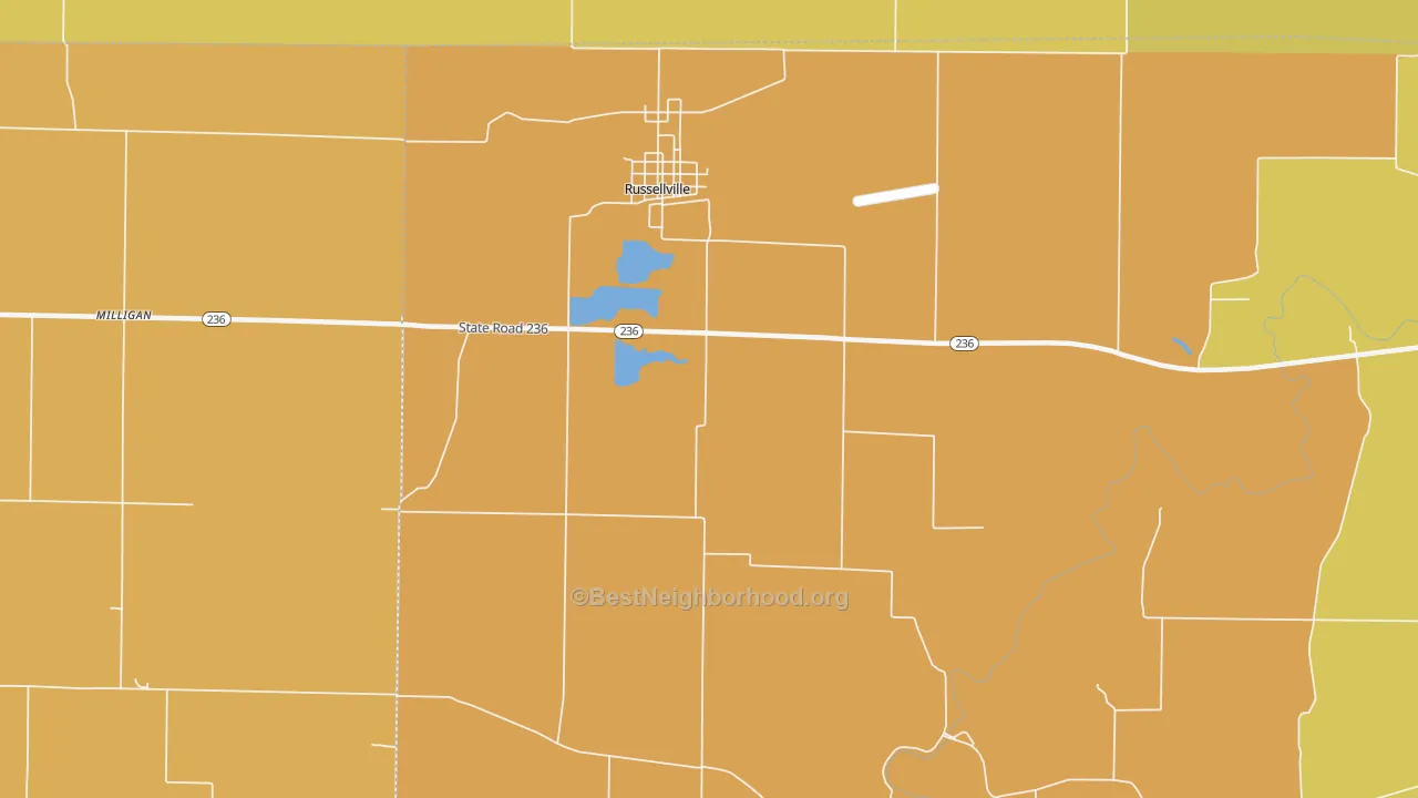 Map of the best neighborhoods in the 46175 area, with better matches in green and worse matches in red