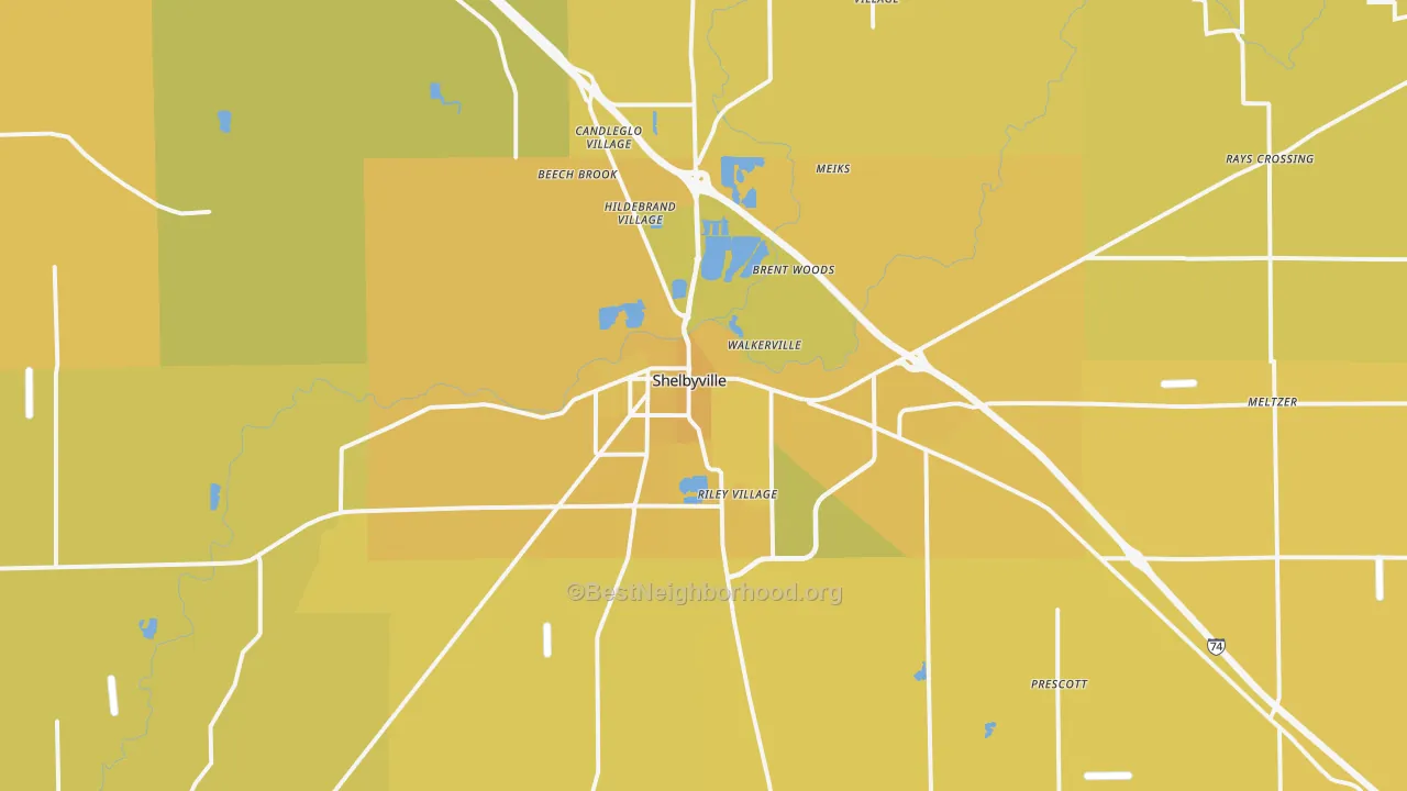 Map of the best neighborhoods in the 46176 area, with better matches in green and worse matches in red