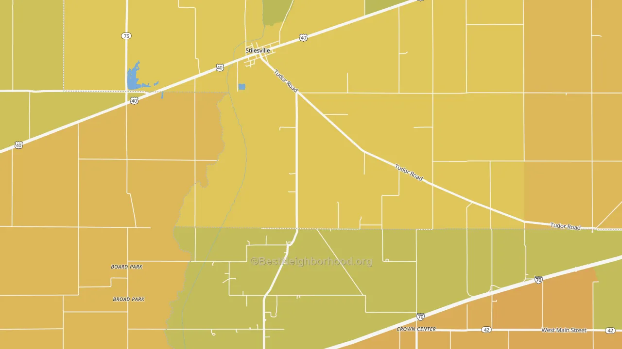 Map of the best neighborhoods in the 46180 area, with better matches in green and worse matches in red
