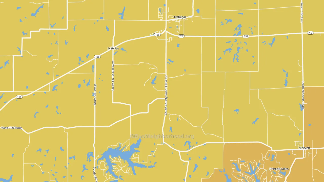 Map of the best neighborhoods in the 46181 area, with better matches in green and worse matches in red