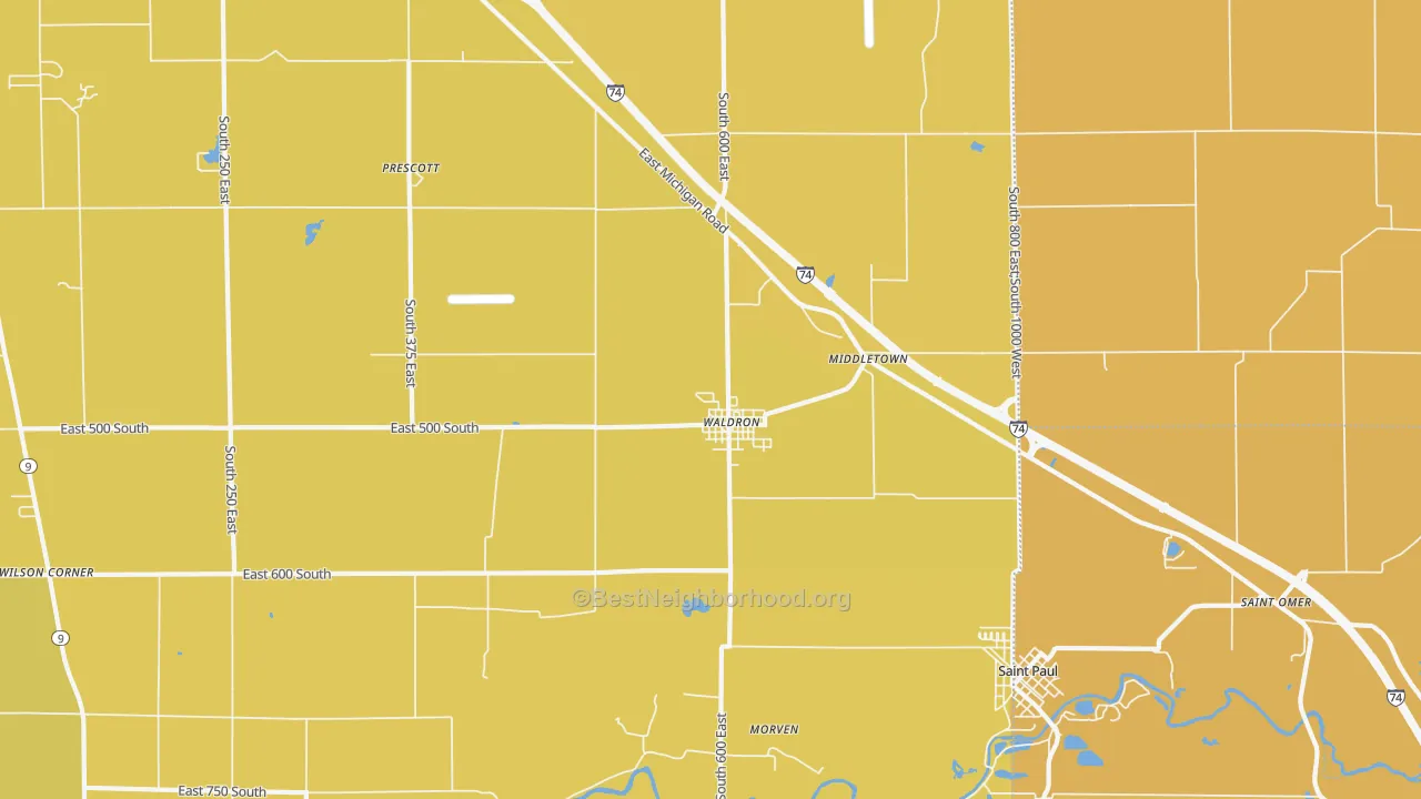 Map of the best neighborhoods in the 46182 area, with better matches in green and worse matches in red
