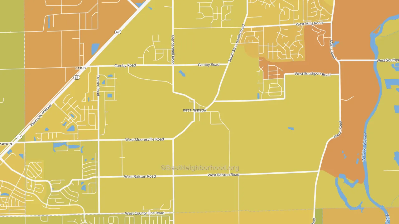 Map of the best neighborhoods in the 46183 area, with better matches in green and worse matches in red