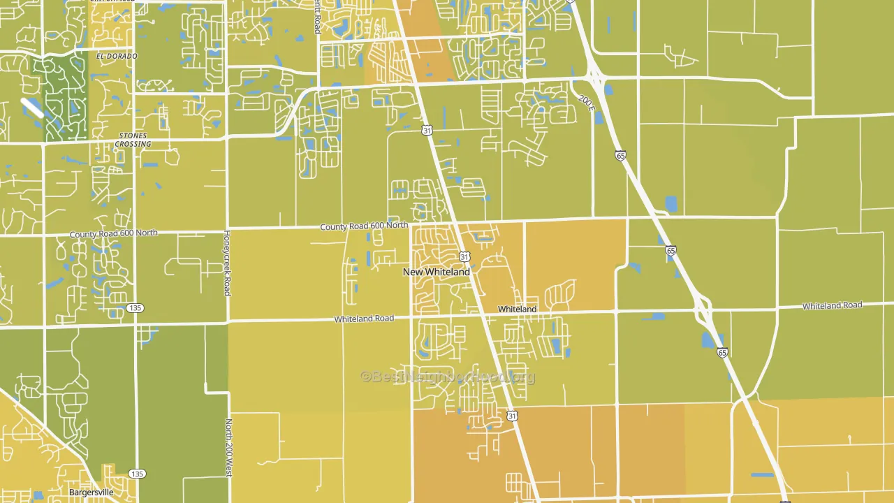 Map of the best neighborhoods in the 46184 area, with better matches in green and worse matches in red