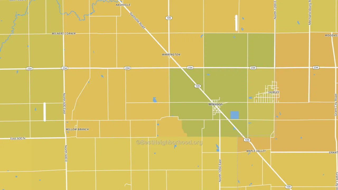 Map of the best neighborhoods in the 46186 area, with better matches in green and worse matches in red
