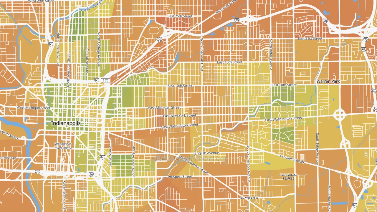 Map of the best neighborhoods in the 46201 area, with better matches in green and worse matches in red