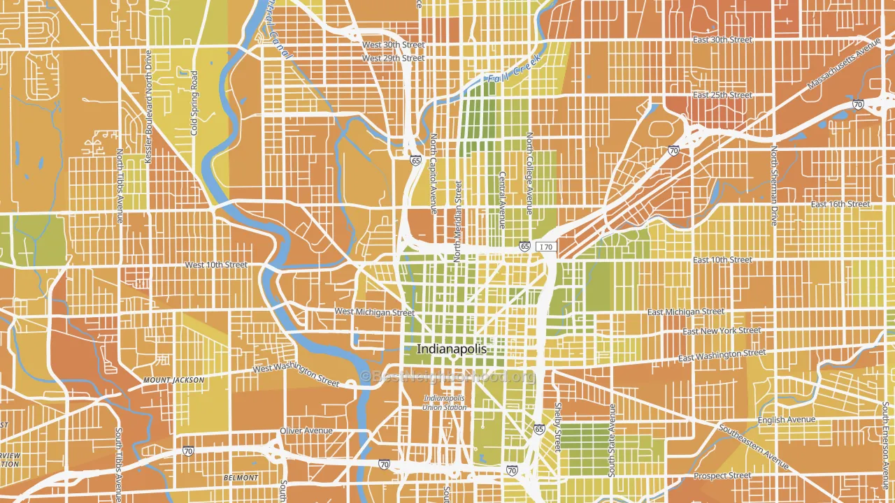 Map of the best neighborhoods in the 46202 area, with better matches in green and worse matches in red