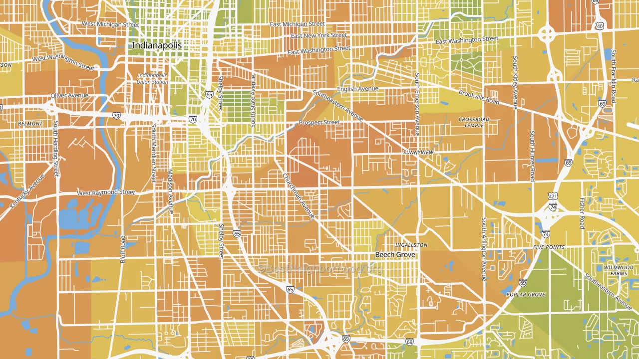 Map of the best neighborhoods in the 46203 area, with better matches in green and worse matches in red