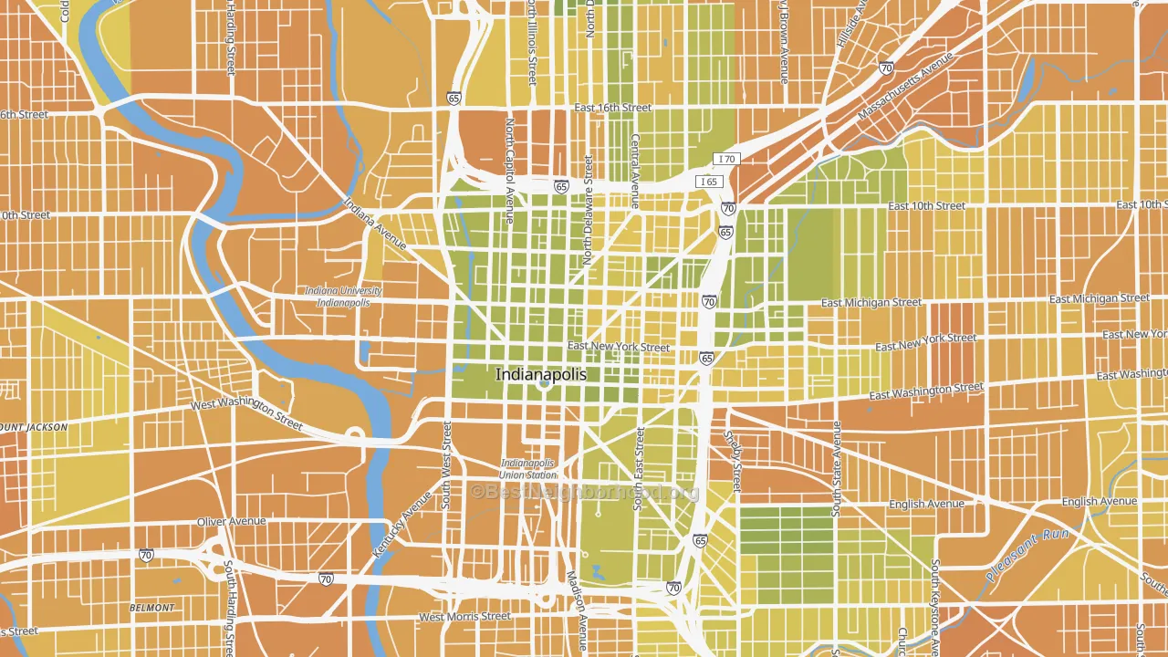 Map of the best neighborhoods in the 46204 area, with better matches in green and worse matches in red