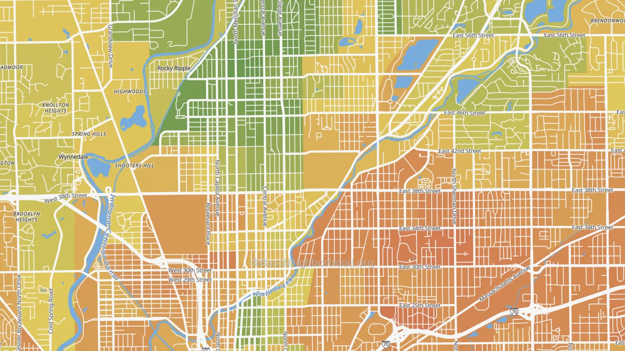 Map of the best neighborhoods in the 46205 area, with better matches in green and worse matches in red