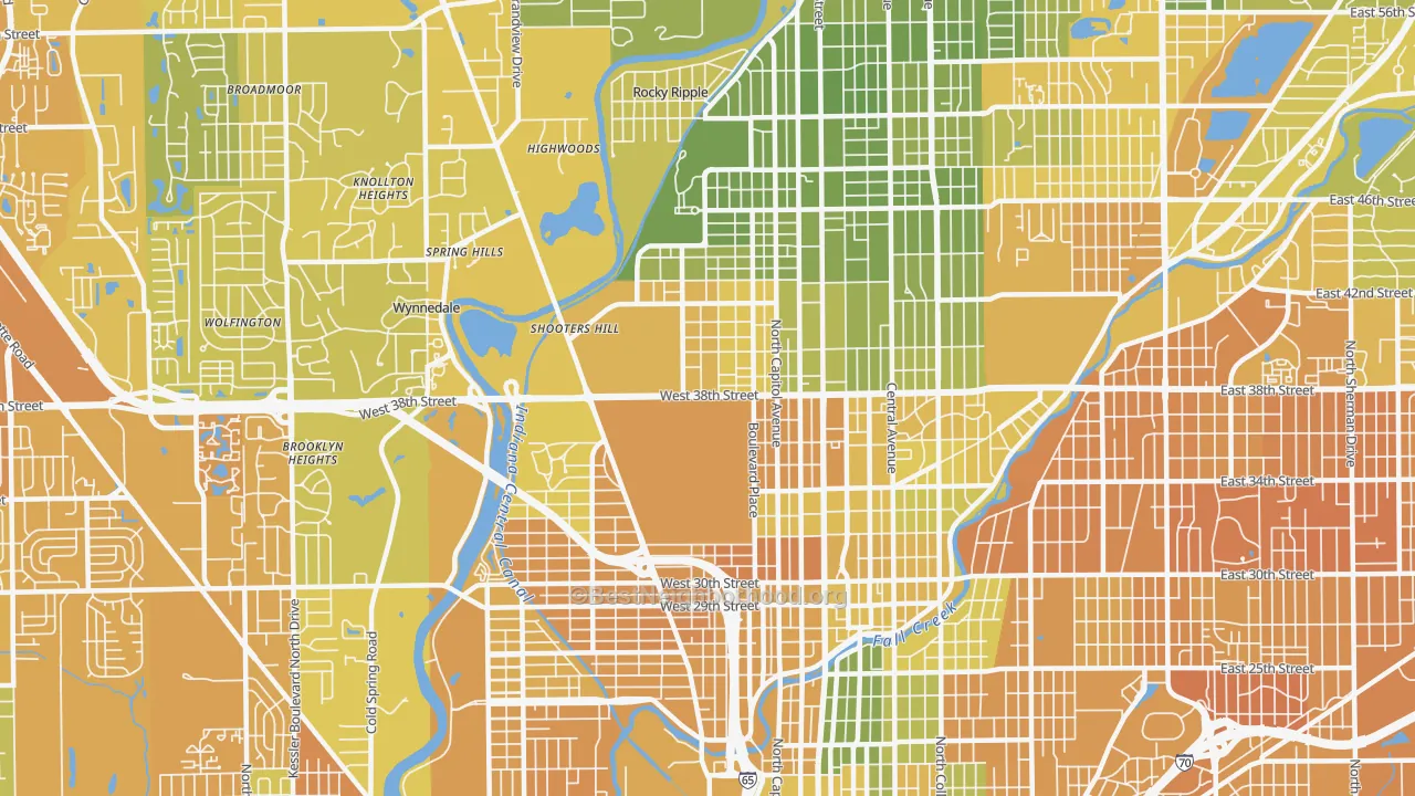 Map of the best neighborhoods in the 46208 area, with better matches in green and worse matches in red