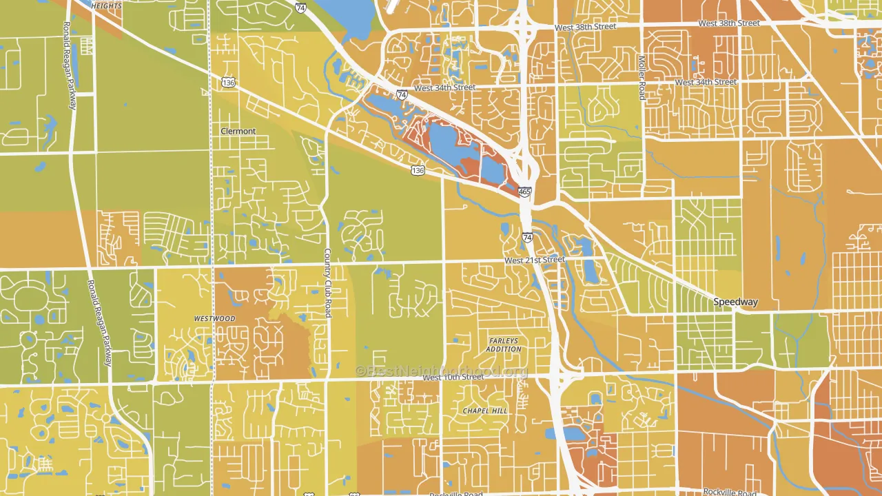 Map of the best neighborhoods in the 46214 area, with better matches in green and worse matches in red