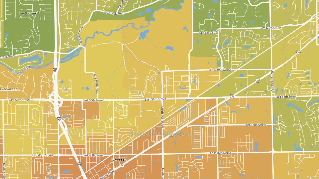 Map of the best neighborhoods in the 46216 area, with better matches in green and worse matches in red
