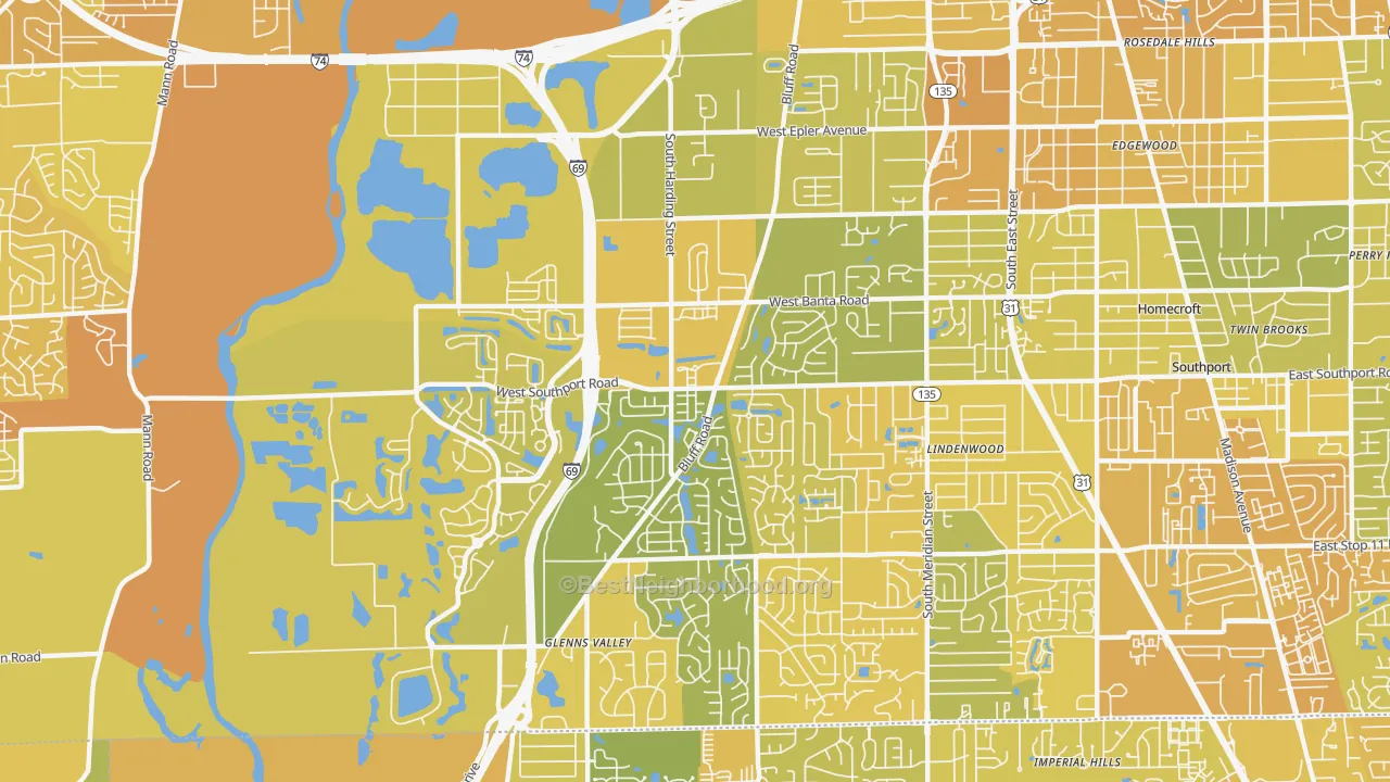 Map of the best neighborhoods in the 46217 area, with better matches in green and worse matches in red