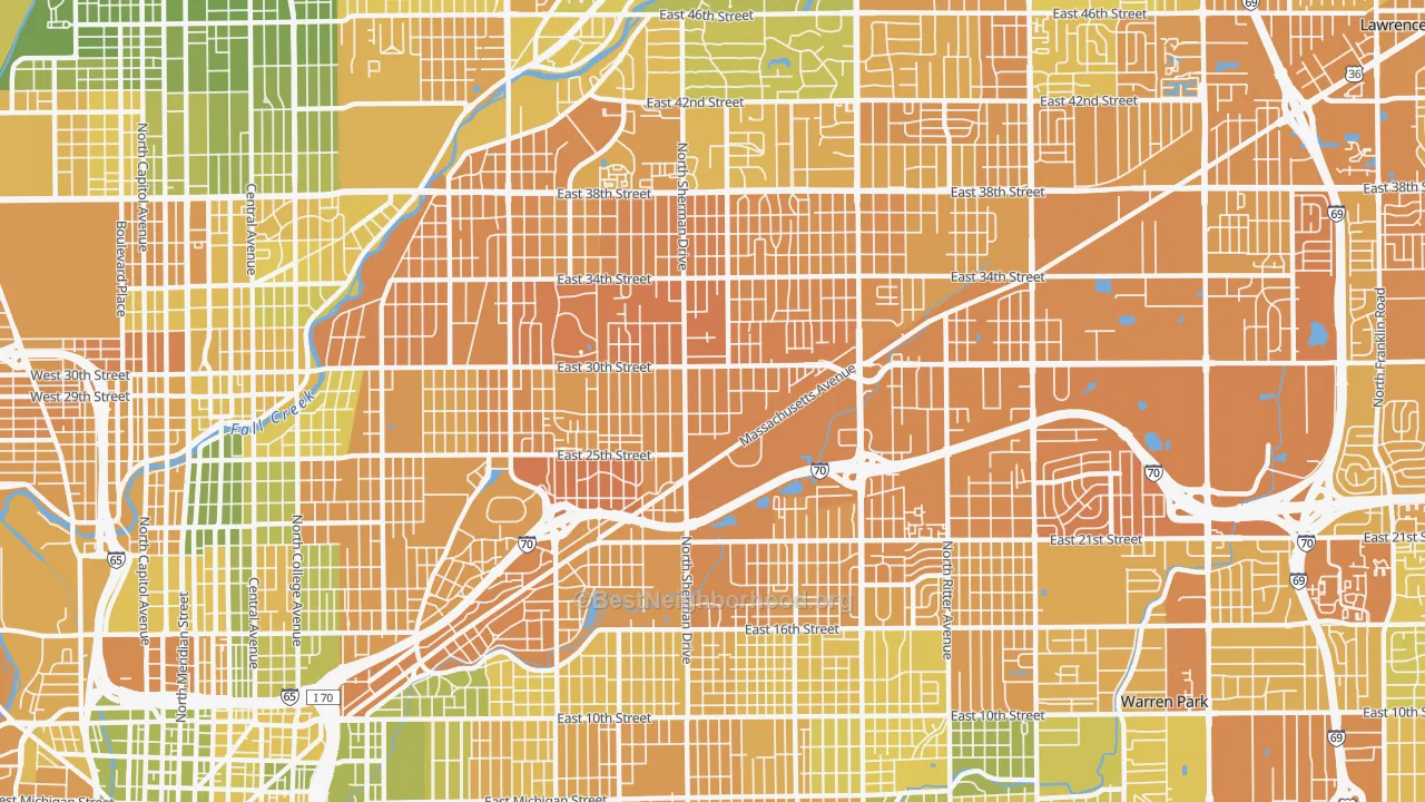 Map of the best neighborhoods in the 46218 area, with better matches in green and worse matches in red