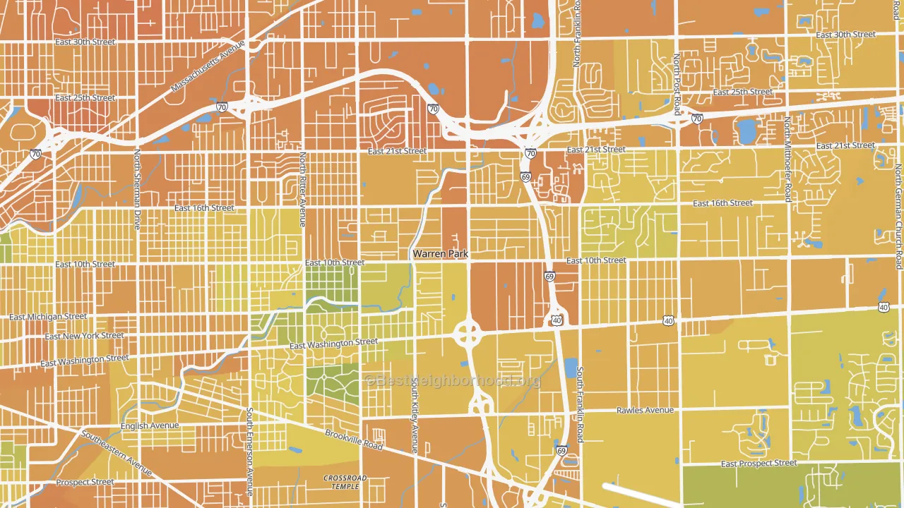 Map of the best neighborhoods in the 46219 area, with better matches in green and worse matches in red