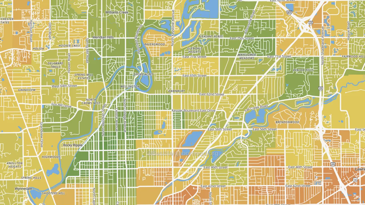 Map of the best neighborhoods in the 46220 area, with better matches in green and worse matches in red