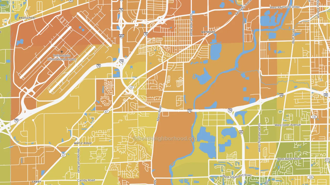 Map of the best neighborhoods in the 46221 area, with better matches in green and worse matches in red