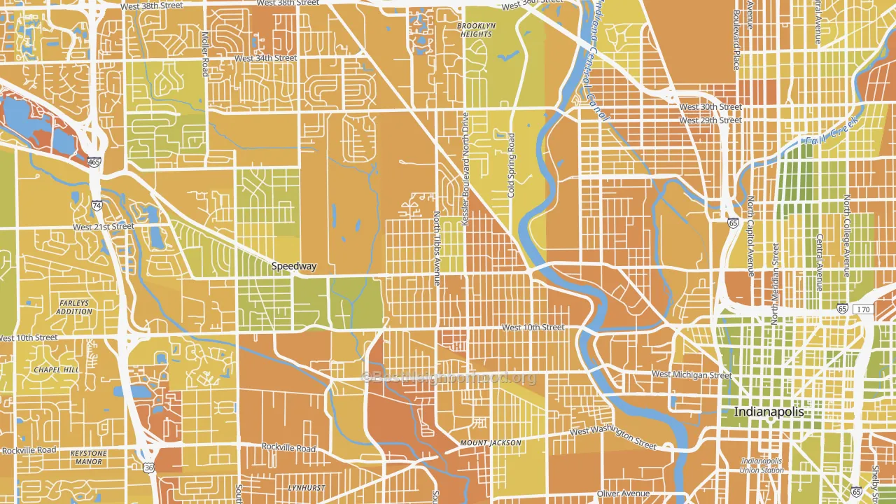 Map of the best neighborhoods in the 46222 area, with better matches in green and worse matches in red
