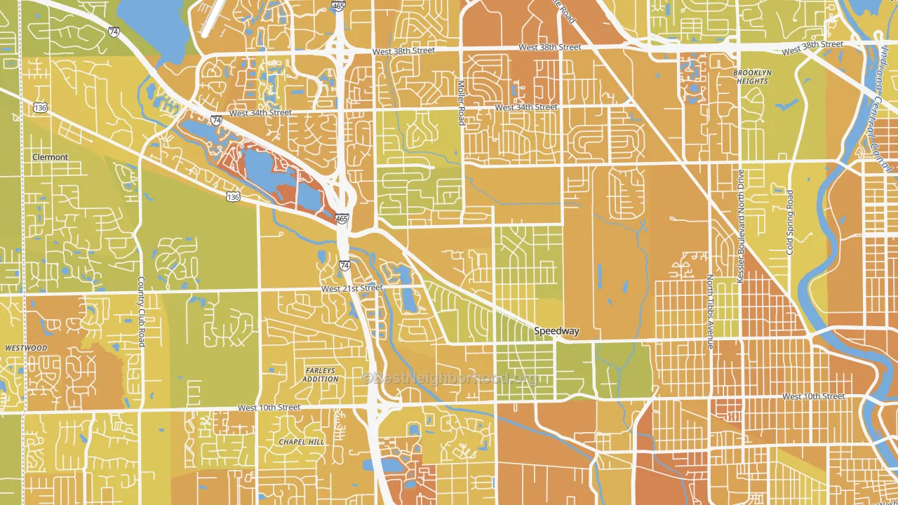 Map of the best neighborhoods in the 46224 area, with better matches in green and worse matches in red